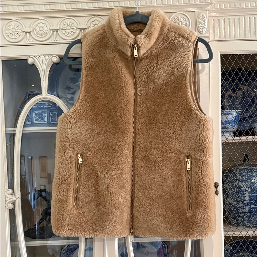 J. Crew Camel Faux Shearling Zip Vest with Gold Zippers